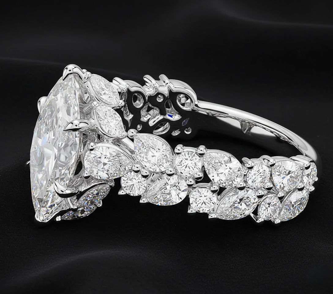 Diamond ring with a marquise-shaped center stone on a black velvet background
