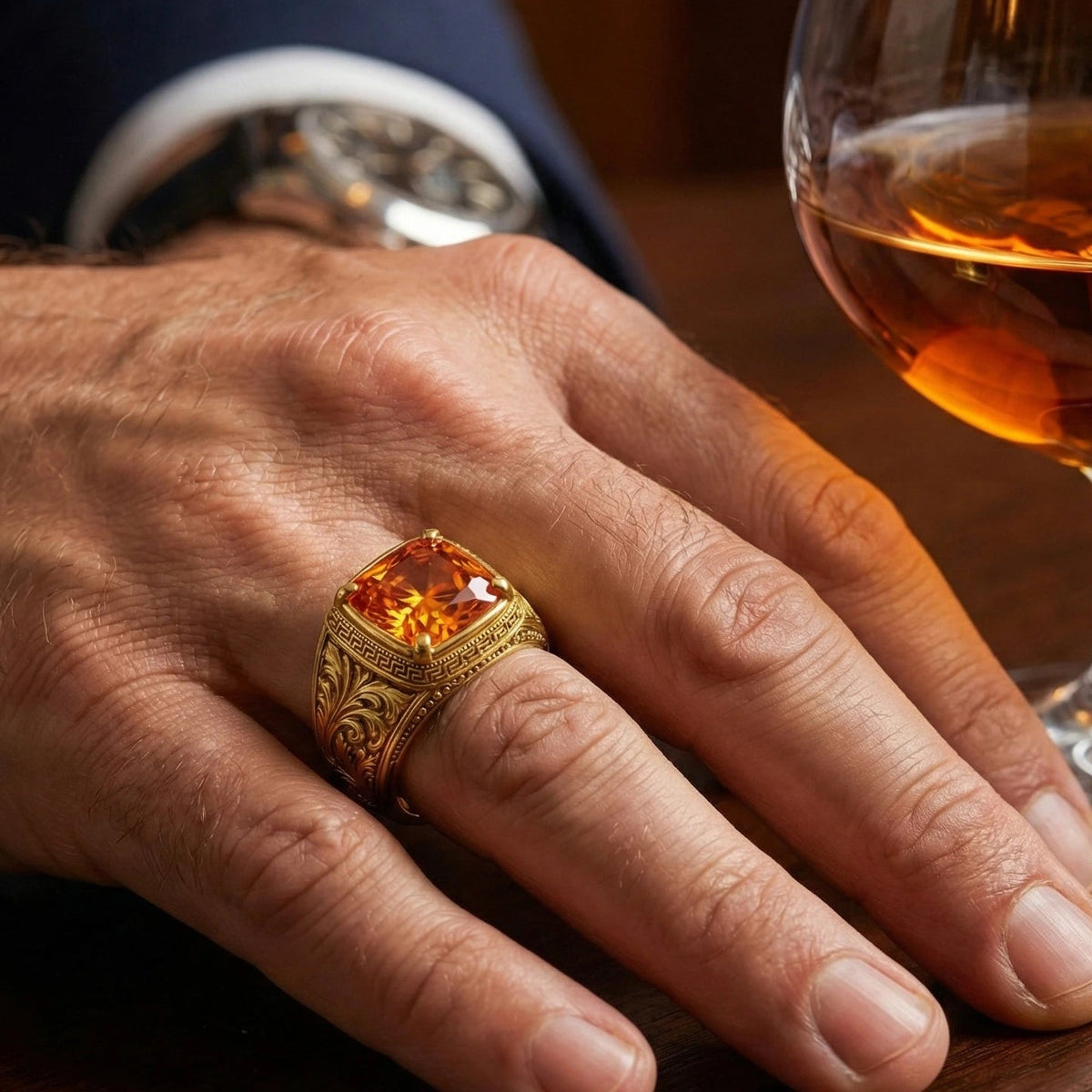 Hand wearing a gold ring with a large orange gemstone next to a glass of whiskey on a wooden surface.