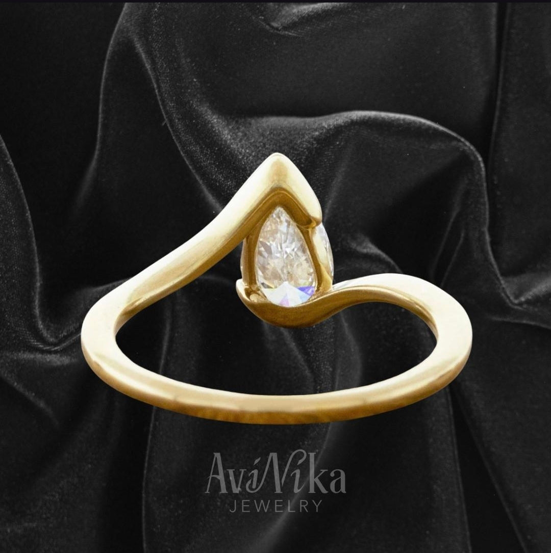 AviNika-Jewelry-Womans-Engagement-Ring-curved-bypass-bezel-14k-solid-gold-2-ct-pear-lab-diamond