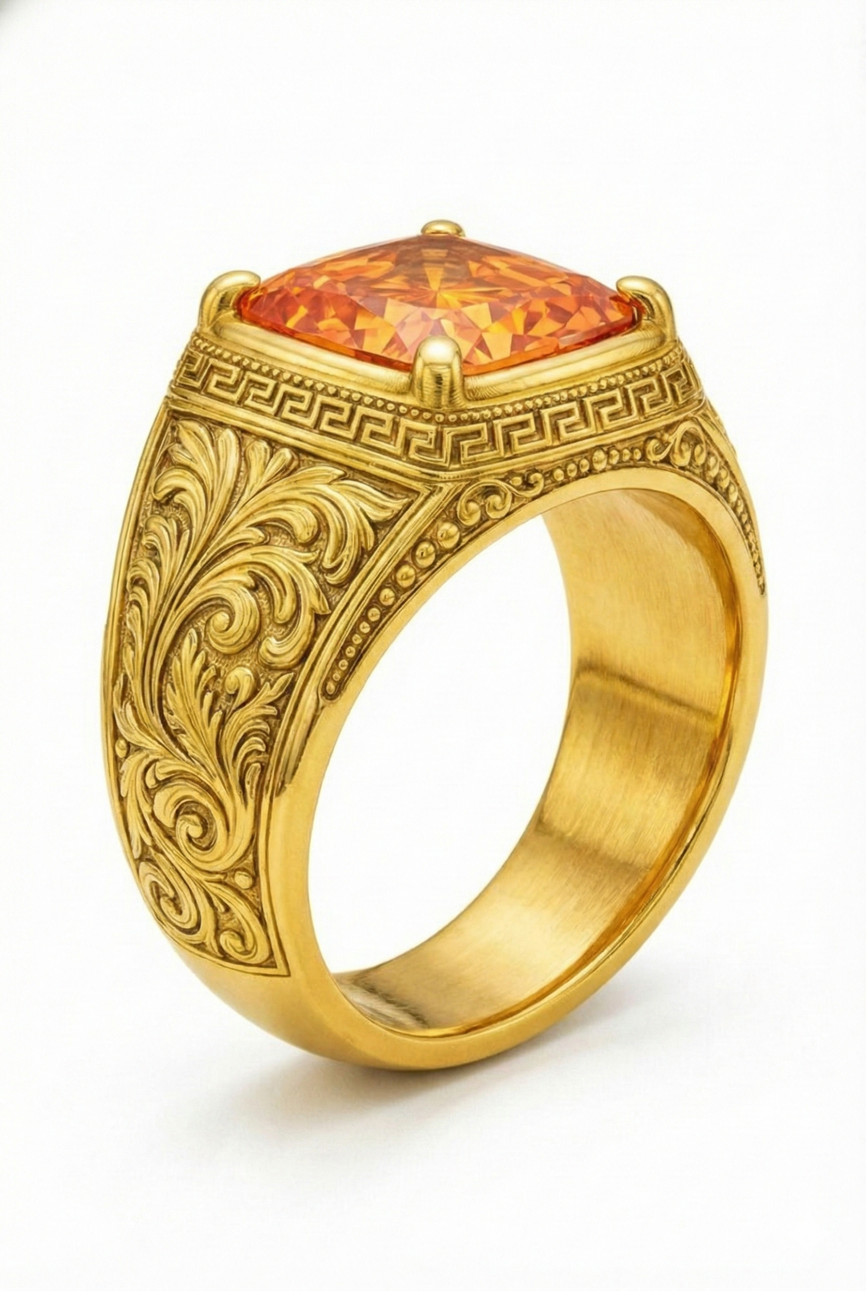 Unique vintage-inspired men's architectural gold ring with a bright orange center stone.