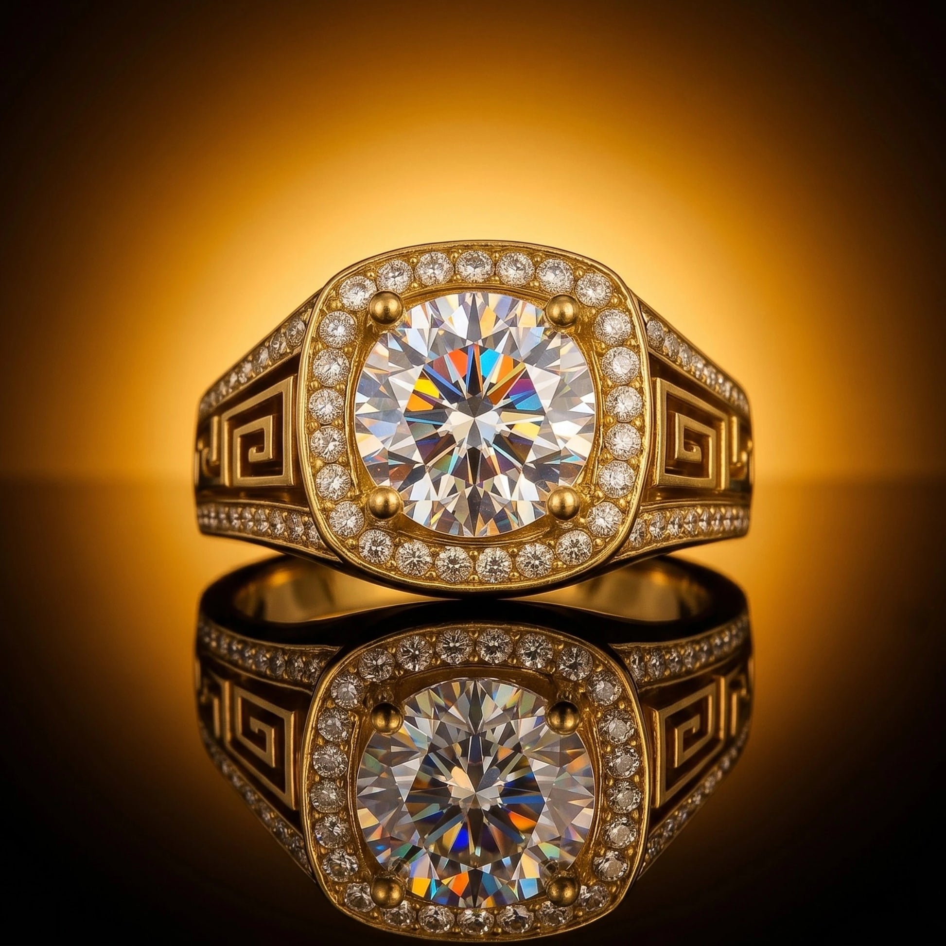 Men's 18K solid yellow gold Greek key meander ring with round brilliant diamond halo and pavé band, luxury handcrafted fine jewelry by AviNika