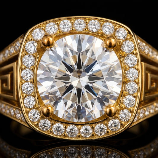 Round brilliant diamond halo ring in 18K yellow gold with Greek key meander engraved band, men's luxury statement ring by AviNika Jewelry