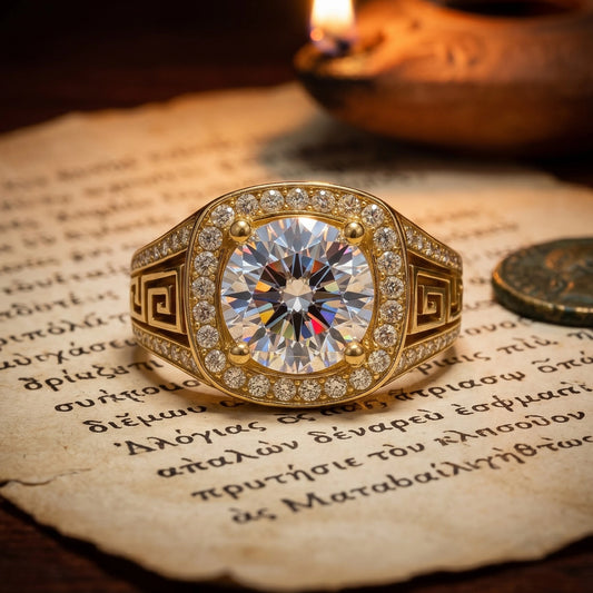 AviNika Jewelry Meander Ring — 18K solid gold men's statement ring with round brilliant diamond halo and Greek key engraved band