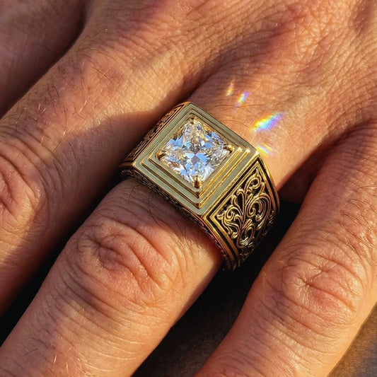 Gold diamond ring with a diamond on a man's finger