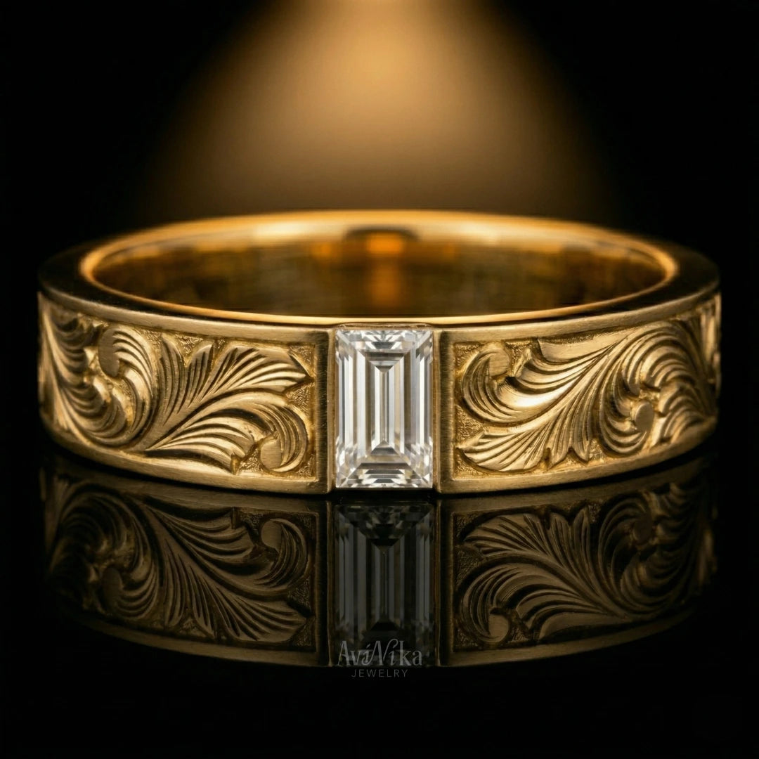 The Laurel Band in 14k Gold with Lab Baguette Diamond
