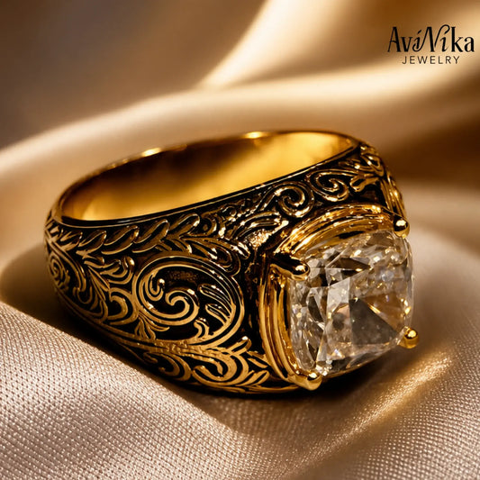 The Maharaja's Legacy Ring with Natural Diamond | Customizable | Hand-engraved Scrollwork