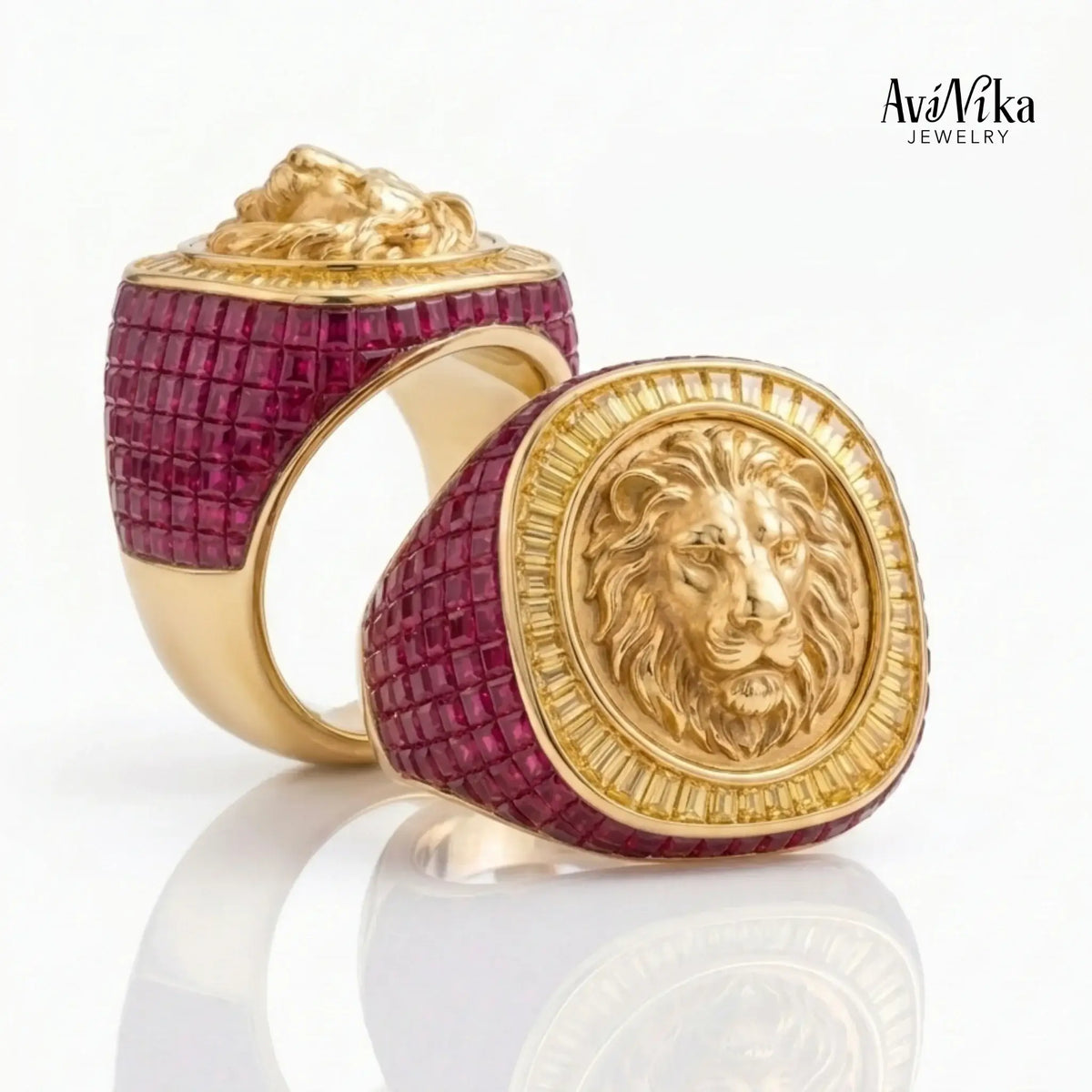 The Nemean Lion Ruby Signet Ring with lab-grown rubies