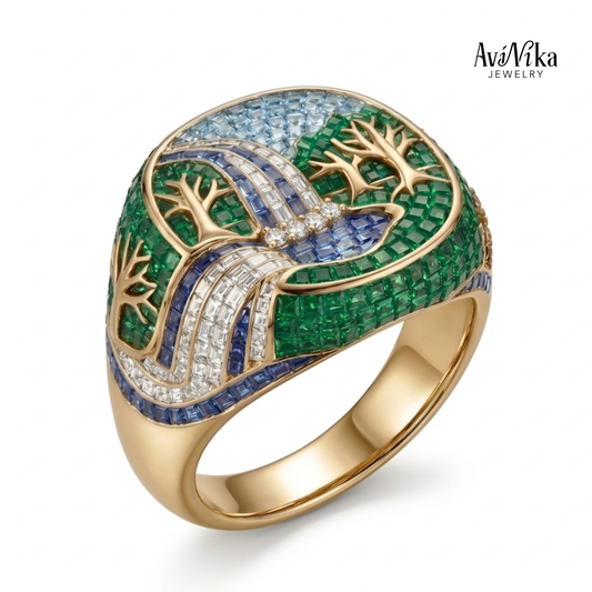 The Waterfall Ring with Emeralds & Blue Sapphires