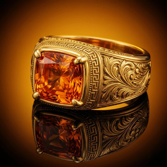 Men's 18k yellow gold signet ring with 5ct cushion fancy vivid orange diamond, Greek key and acanthus scroll engraving by AviNika Jewelry