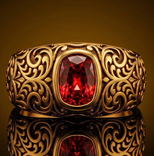 Men's 18k gold ruby ring with hand-engraved Baroque scrollwork and fleur-de-lis detailing by AviNika Jewelry