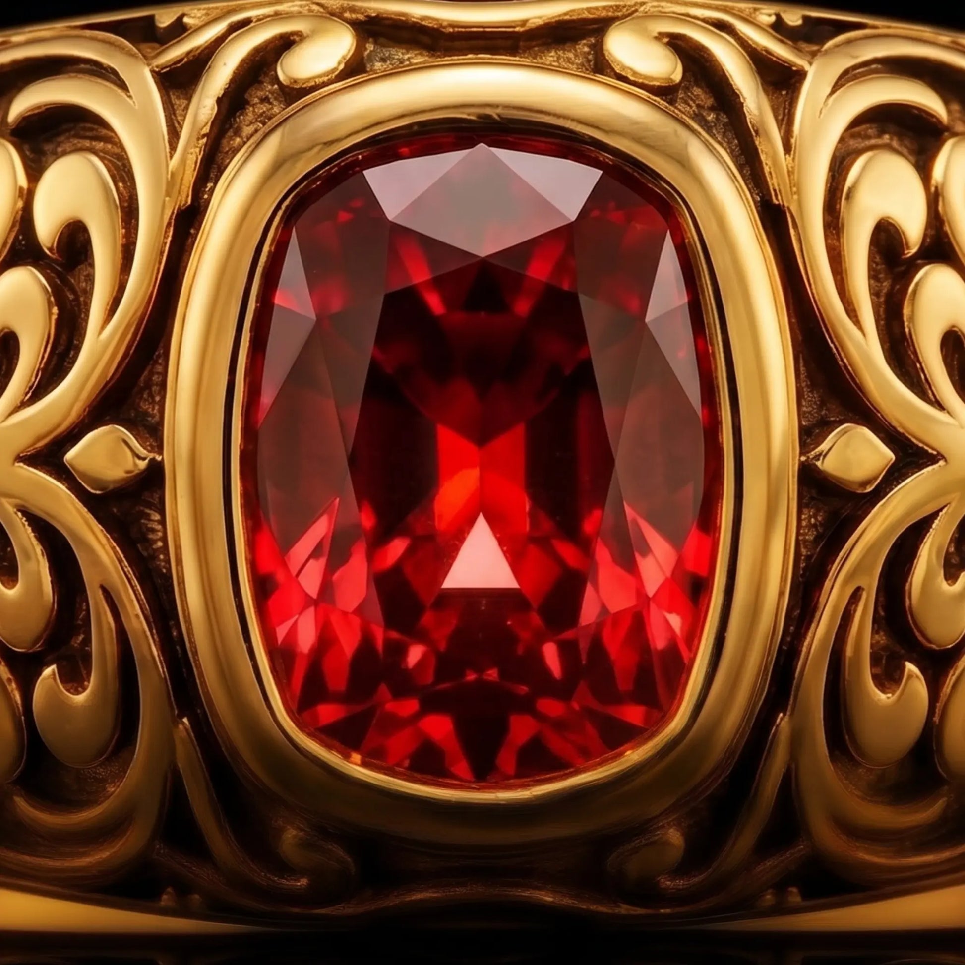 Close-up of hand-engraved Baroque and Rococo scrollwork on a men's 18k gold ruby ring