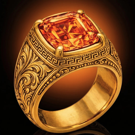 Close-up of a 5ct cushion-cut fancy vivid orange diamond in a 4-prong yellow gold setting with fiery internal facet depth