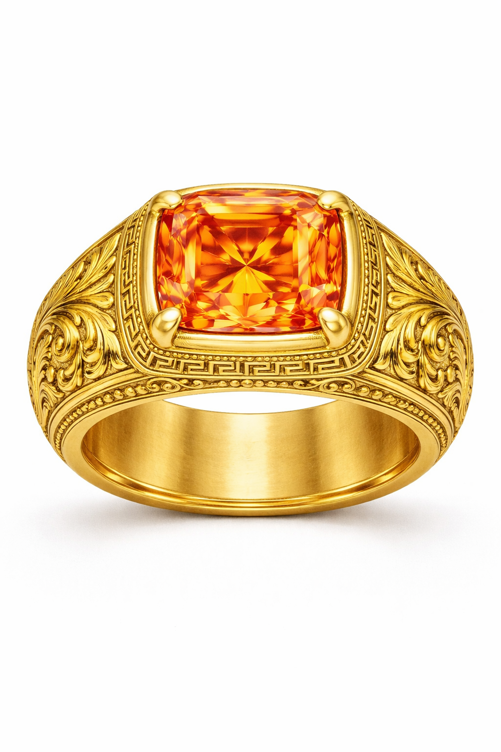 Unique men's gold wedding band by AviNika Jewelry with an orange diamond and scrollwork