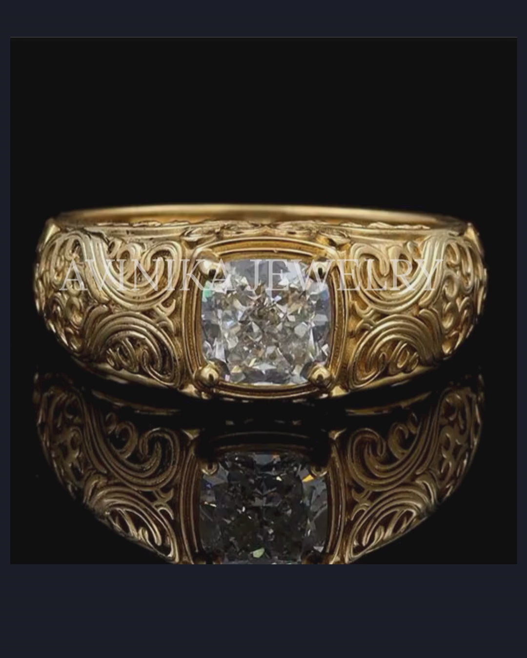 18k Gold Cushion Cut Lab Diamond Ring, Wedding band