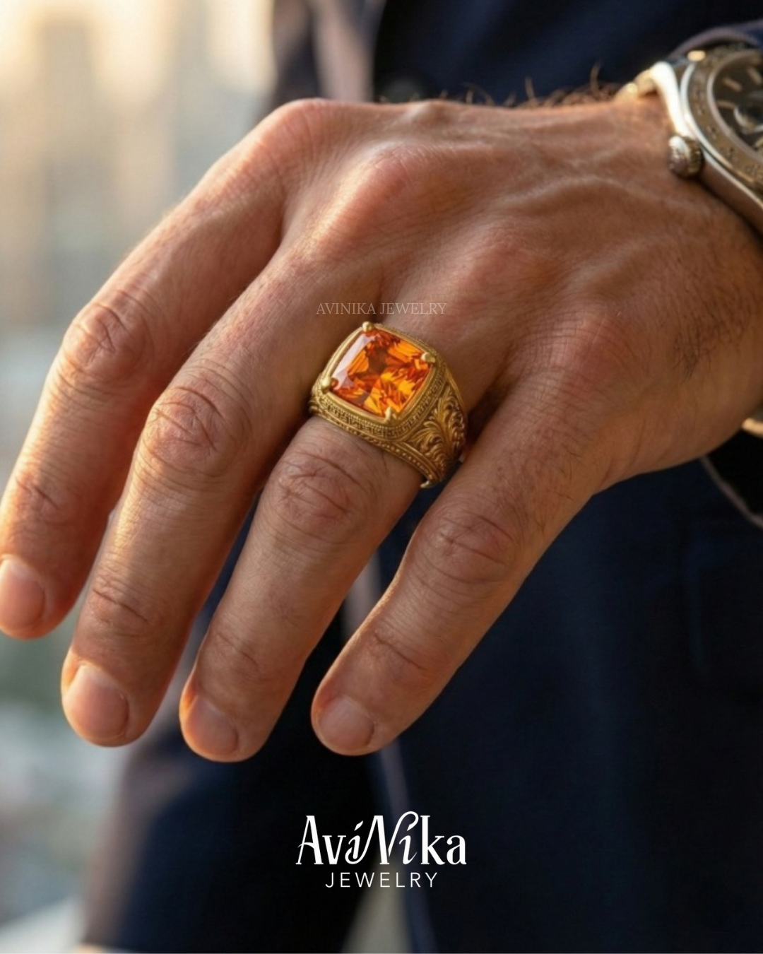 Unique vintage-inspired men's architectural gold ring with a bright orange center stone
