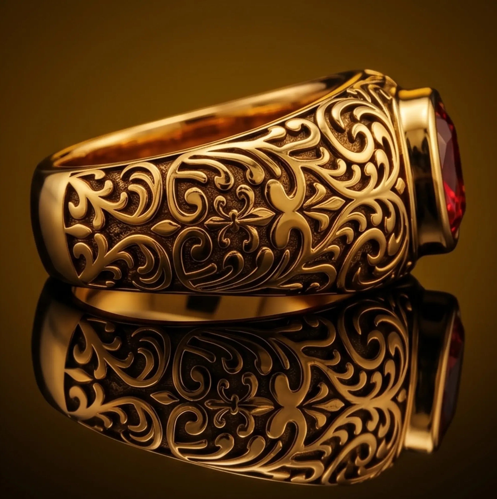 Vintage-inspired men's ruby signet ring in solid 18k gold with antique Baroque engraving