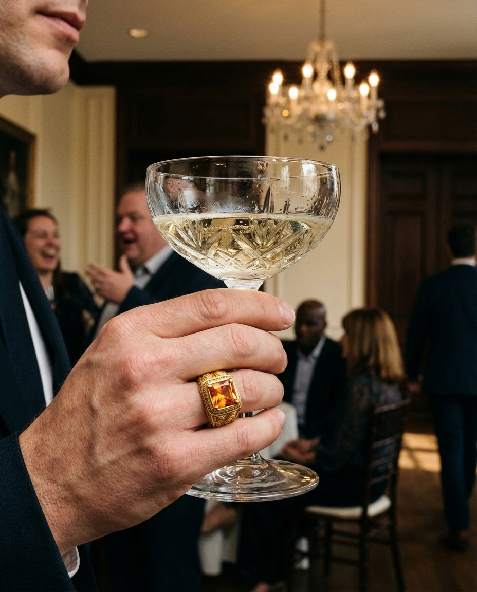 Unique vintage-inspired men's architectural gold ring with a bright orange center stone